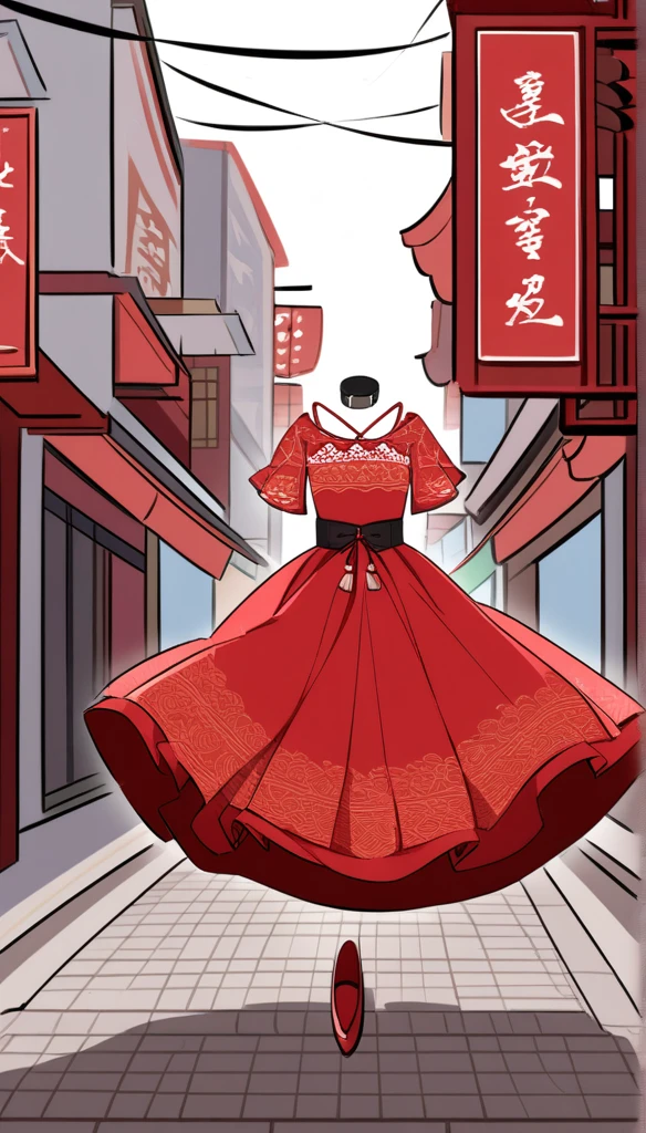 A floating, elegant red traditional dress with floral patterns, suspended in the middle of a vibrant Chinatown street. The dress features a black collar and cuffs, with a flowing skirt, gently spread as if caught in motion. The background shows a typical urban scene with Chinese signage, restaurants, and shops, set in a busy city street.
