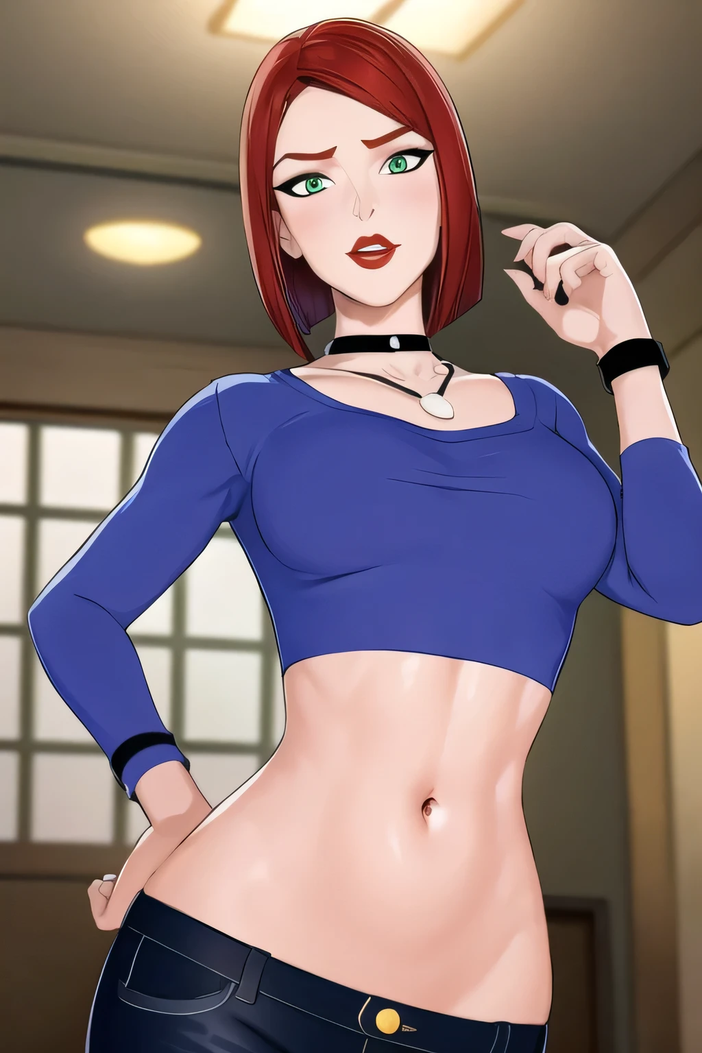 super fine illustration, vibrant colors, masterpiece, sharp focus, best quality, depth of field, looking down, cinematic lighting, ultra detailed, solo, 1girl, bellybutton, navel, tummy, choker, jewelry, necklace, black choker, blue shirt, crop top, long sleeves, black_pants, jeans, denim, wristband, red hair, short hair, green eyes, makeup, lipstick, red lips, bob cut, lips, mature woman, indoors, small breasts, CARTOON_merry_jane_watson_SMTAS_ownwaifu, www.ownwaifu.com, hips, slim, slender, embarrassed, open mouth, hand on own stomach, blush, teeth, belly