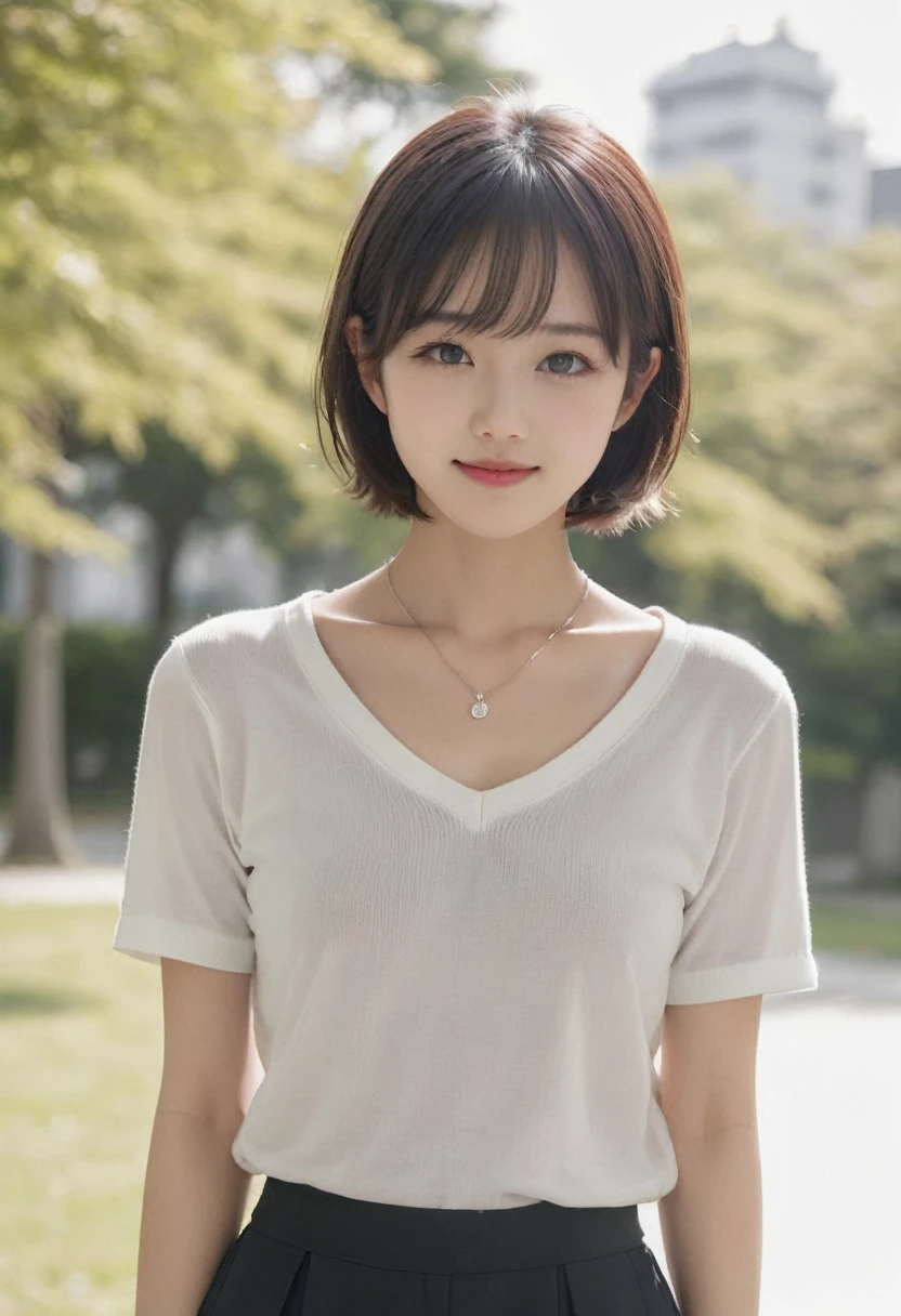 (original photo:1.2),(lifelike:1.4),(masterpiece:1.3),(best quality:1.4),ultra high resolution,
human development report,8K resolution, 
dreamlike,
View comments,Request for comment,landscape,((No text)),
alone focus, (whole body),
(delicate eyes),(detailed facial features), (Detailed clothing features),
tight skin, (shiny skin),(slim girl),(slim girl),
(1 girl,alone),virtualgirlRin, happy, Smile, (small breasts), Bangs, bob hair, short hair, brown hair, brown eyes, black collar,
university student, Uniforms, pleated skirt, white stockings