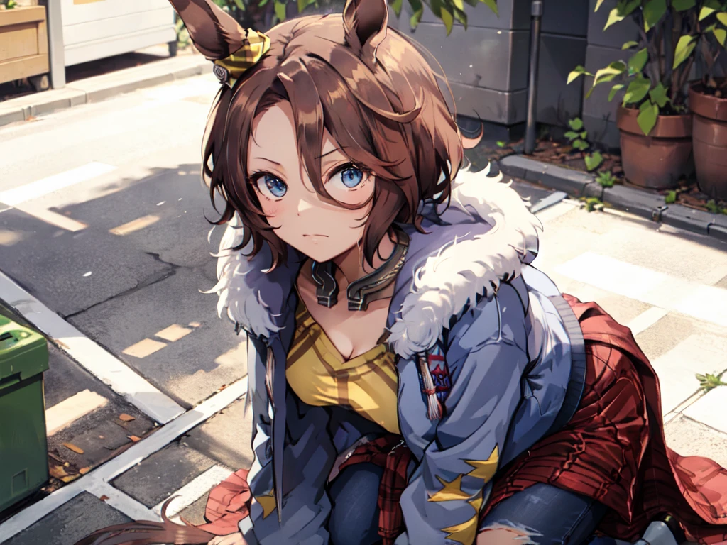 masterpiece, best quality, close up, face shot, running, city, narita taishin \(Uma Musume\), Uma Musume, animal_ears, horse_ears, hair_ornaments, closed mouth, serious, torn jeans, (asymmetrical clothes:1.2), belt, fur-trimmed jacket, pink jacket, jacket around waist, clothes around waist, midriff, long sleeves, tied shirt, open clothes, yellow shirt 、(Big Breasts:1,5)、(Kneeling and leaning forward)