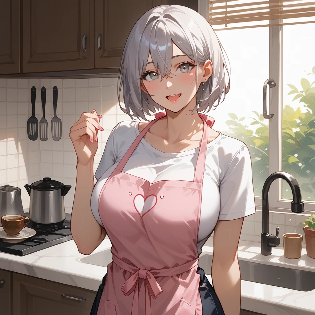 1girl, BREAK (glossy silver hair), (bob cut:1.2), bang between eyes, (glossy detailed silver eyes:1.2), (slender, busty), BREAK pink botanical print apron, white tunic, black skirt, happy, smile, BREAK 1girl, morning, sunny, kitchen, a coffee cup, she pours coffee into a coffee cup, BREAK highres, ultra detailed, (cute girl in anime illustration style), all intricate and precise, beautiful detailed face and eyes, high resolution, perfect anatomy, flawless skin, smooth skin nice hands, perfect hands, BREAK (score_9,score_8_up), source anime, rating_explicit,