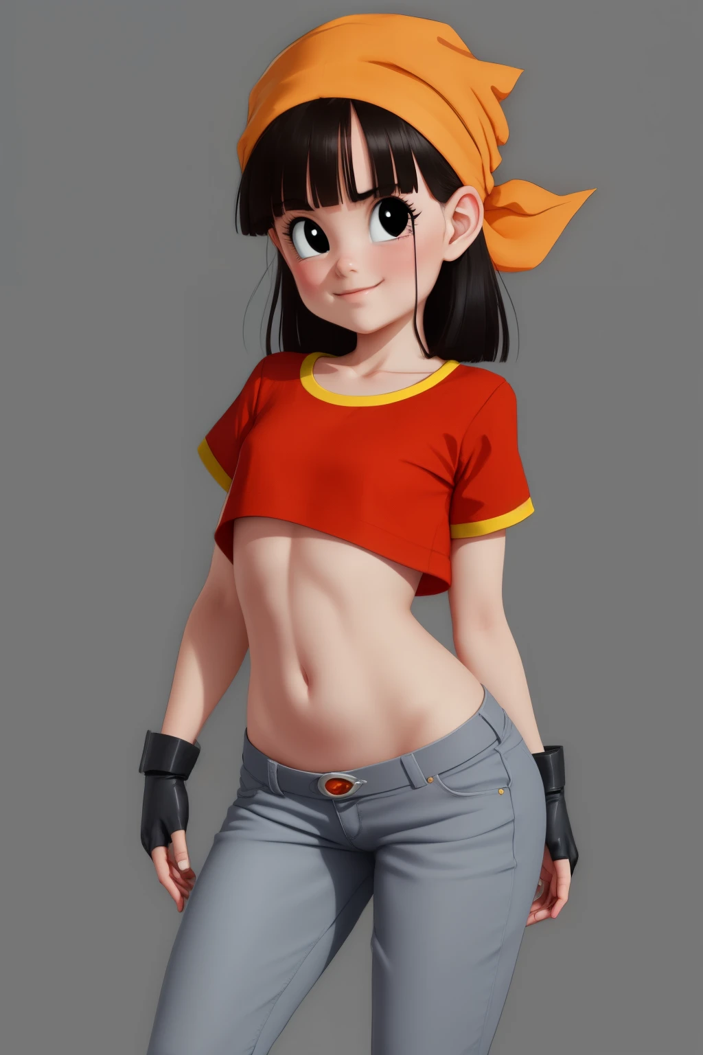 Mantis X, black eyes, black hair, short hair, orange bandana, pants, fingerless gloves, red shirt, crop top, 1girl, l0li, 10yearsold, childish body, teen, thin, skinny, slim, young pretty face, thin lips, short stature, compact body, petite limbs, broad pelvis, wide hips, thick thighs, huge ass, small chest, cameltoe, cunny, cute, smug, simple background, full body, hands free,