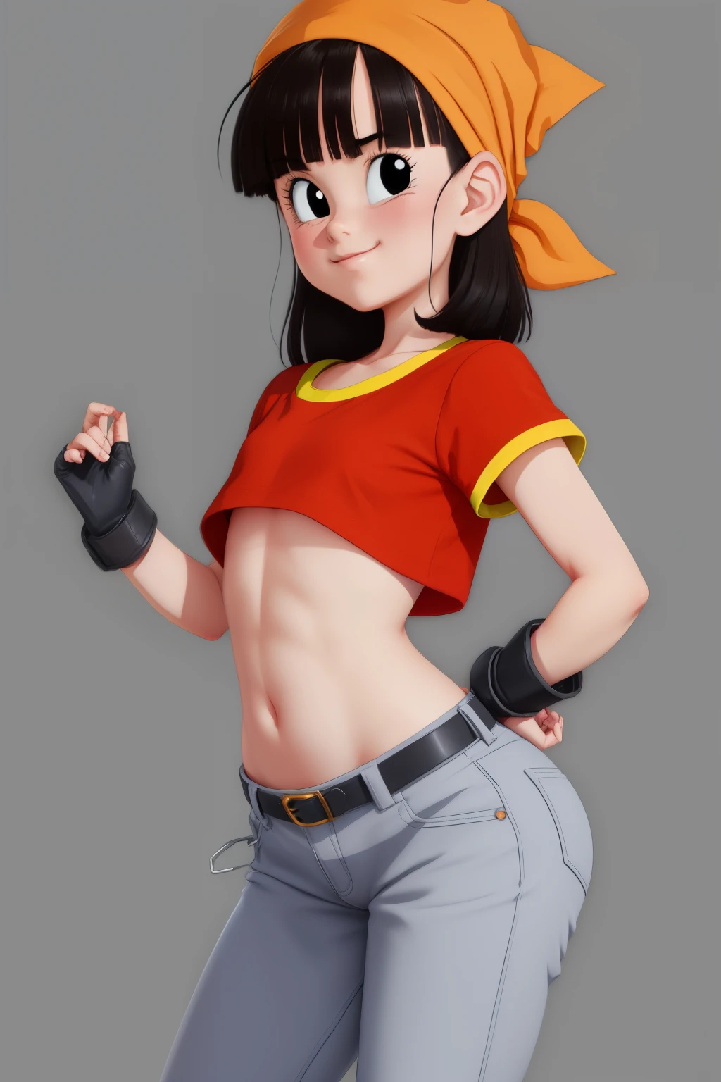 Mantis X, black eyes, black hair, short hair, orange bandana, pants, fingerless gloves, red shirt, crop top, 1girl, l0li, 10yearsold, childish body, teen, thin, skinny, slim, young pretty face, thin lips, short stature, compact body, petite limbs, broad pelvis, wide hips, thick thighs, huge ass, small chest, cameltoe, cunny, cute, smug, simple background, full body, hands free,