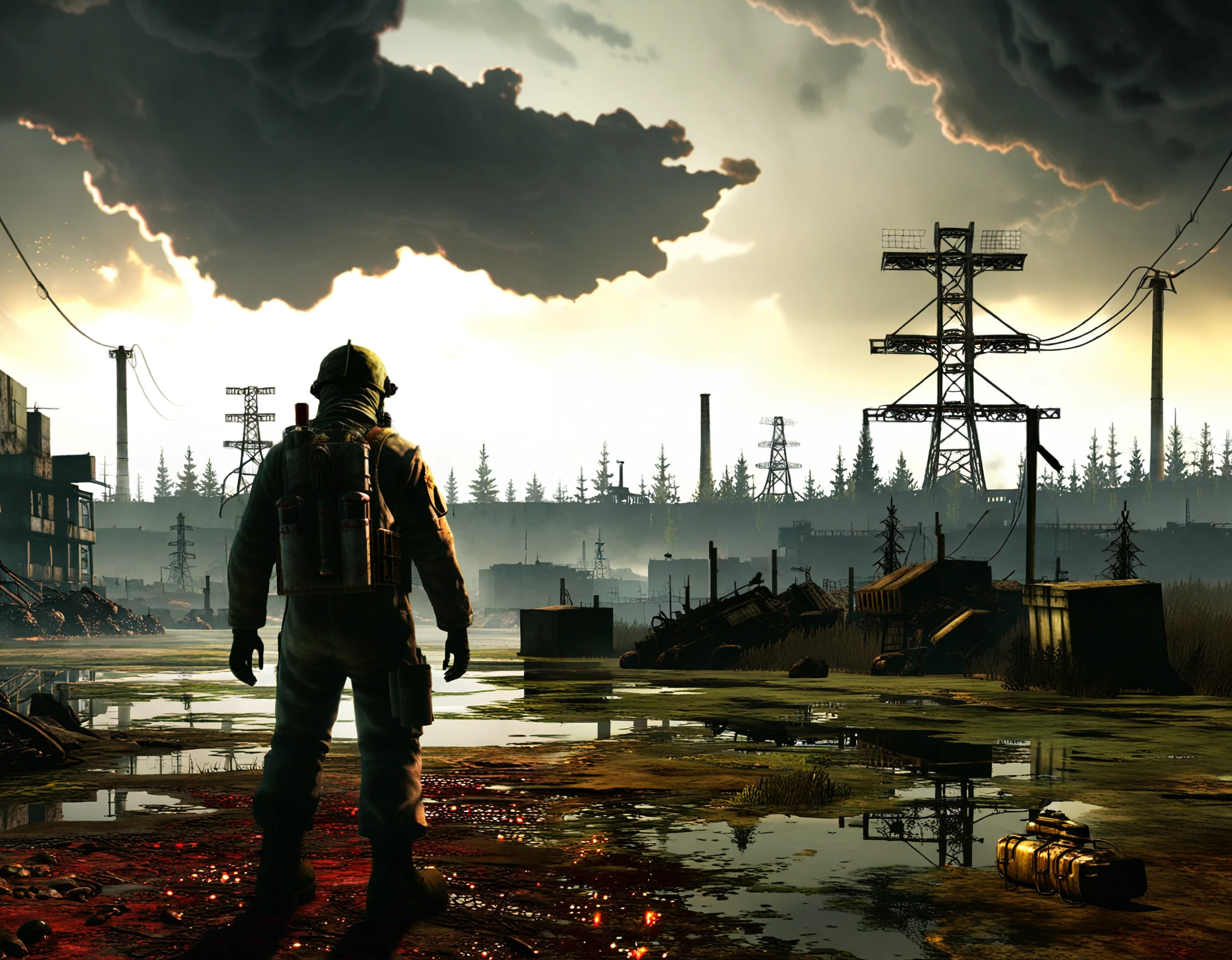 A photorealistic depiction of the main character from the game S.T.A.L.K.E.R. Shadow of Chernobyl, as if these events took place in real life. The setting is a post-apocalyptic Chernobyl near the fourth power unit of the Chernobyl Nuclear Power Plant. The sky is filled with dark gray heavy clouds, and on the horizon, a bright dark scarlet light glows with a dark red-violet flare. The atmosphere is eerie, desolate, and foreboding, capturing the post-apocalyptic world of S.T.A.L.K.E.R. with cinematic detail and realism. The landscape shows decay, radioactive zones, and the lone Stalker in full protective gear, standing in the center of the scene. The image is extremely detailed, with high texture smoothing and photorealistic elements, depicting the gritty, somber tone of the world