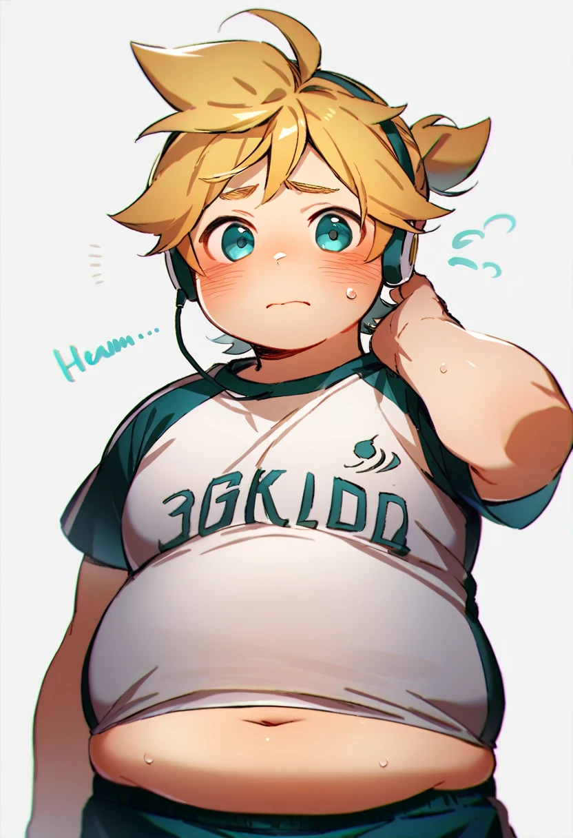 1 boy, (male child), (Kagamine Len), (cute), significantly overweight, sports uniform with words "I am fat", chubby, earphone, (belly button exposed), embarrassed , sweating, rubbing his neck