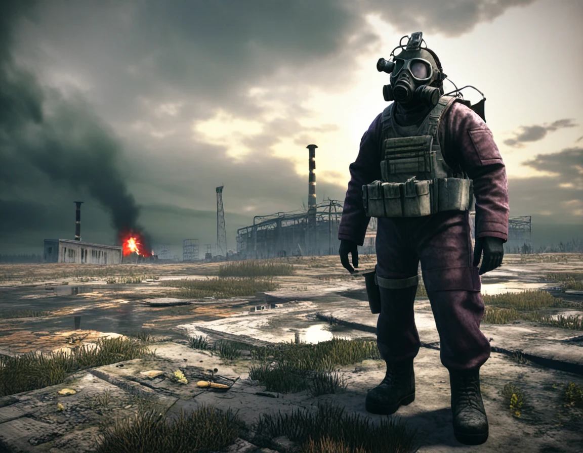 A realistic depiction of the main character from the game S.T.A.L.K.E.R. Shadow of Chernobyl, if he were in real life and these events took place in reality. The setting is a post-apocalyptic Chernobyl near the fourth power unit of the Chernobyl Nuclear Power Plant. The sky is completely covered with dark gray heavy clouds, and on the horizon, a bright dark scarlet light glows with a dark red-violet flare. The atmosphere is eerie and ominous, portraying the post-apocalyptic world of S.T.A.L.K.E.R. with cinematic processing and high-detail realism. The environment shows a decayed landscape, radioactive zones, and a lone Stalker in full protective gear. The image is highly detailed with texture smoothing, high resolution, and a somber, gritty tone. Make the image as photorealistic as possible