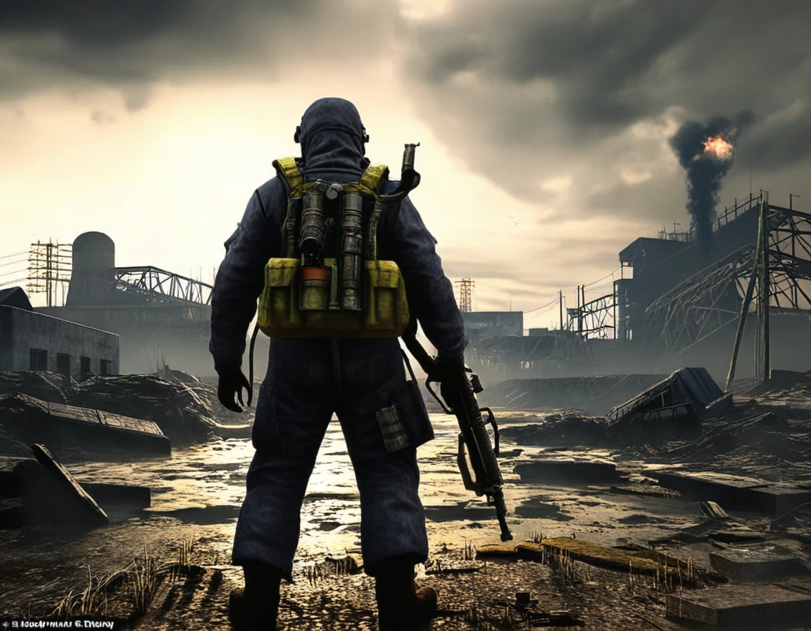 A realistic depiction of the main character from the game S.T.A.L.K.E.R. Shadow of Chernobyl, if he were in real life and these events took place in reality. The setting is a post-apocalyptic Chernobyl near the fourth power unit of the Chernobyl Nuclear Power Plant. The sky is completely covered with dark gray heavy clouds, and on the horizon, a bright dark scarlet light glows with a dark red-violet flare. The atmosphere is eerie and ominous, portraying the post-apocalyptic world of S.T.A.L.K.E.R. with cinematic processing and high-detail realism. The environment shows a decayed landscape, radioactive zones, and a lone Stalker in full protective gear. The image is highly detailed with texture smoothing, high resolution, and a somber, gritty tone. Make the image as photorealistic as possible