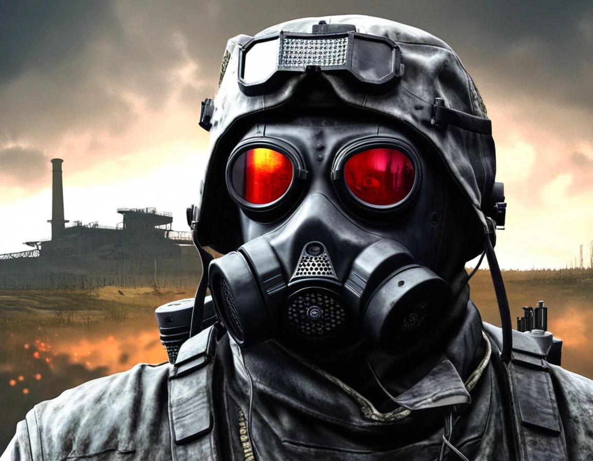 A realistic depiction of the main character from the game S.T.A.L.K.E.R. Shadow of Chernobyl, if he were in real life and these events took place in reality. The setting is a post-apocalyptic Chernobyl near the fourth power unit of the Chernobyl Nuclear Power Plant. The sky is completely covered with dark gray heavy clouds, and on the horizon, a bright dark scarlet light glows with a dark red-violet flare. The atmosphere is eerie and ominous, portraying the post-apocalyptic world of S.T.A.L.K.E.R. with cinematic processing and high-detail realism. The environment shows a decayed landscape, radioactive zones, and a lone Stalker in full protective gear. The image is highly detailed with texture smoothing, high resolution, and a somber, gritty tone. Make the image as photorealistic as possible