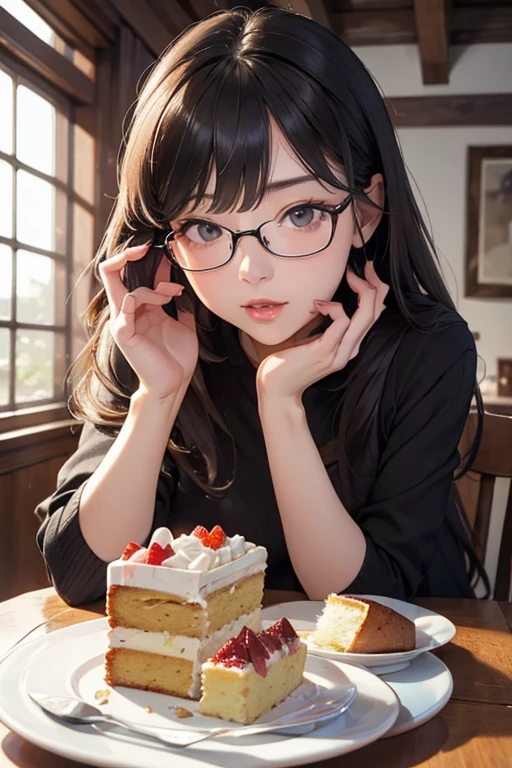 Best Quality、masterpiece、High sensitivity、High resolution、Detailed Description、Delicate facial depiction、Slender women、Glasses、Mont Blanc Cake、Eat with relish、