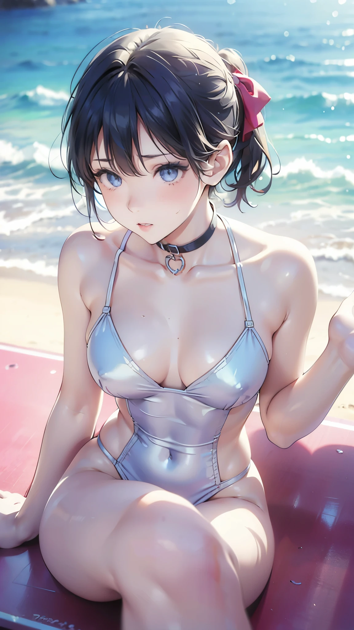 (High resolution, accurate, Best Quality, Anatomically correct, masterpiece), 1girl, large breasts, tareme, choker, hair bow, glossy lips, beautiful detailed eyes, sitting, beach, swimsuit, short hair