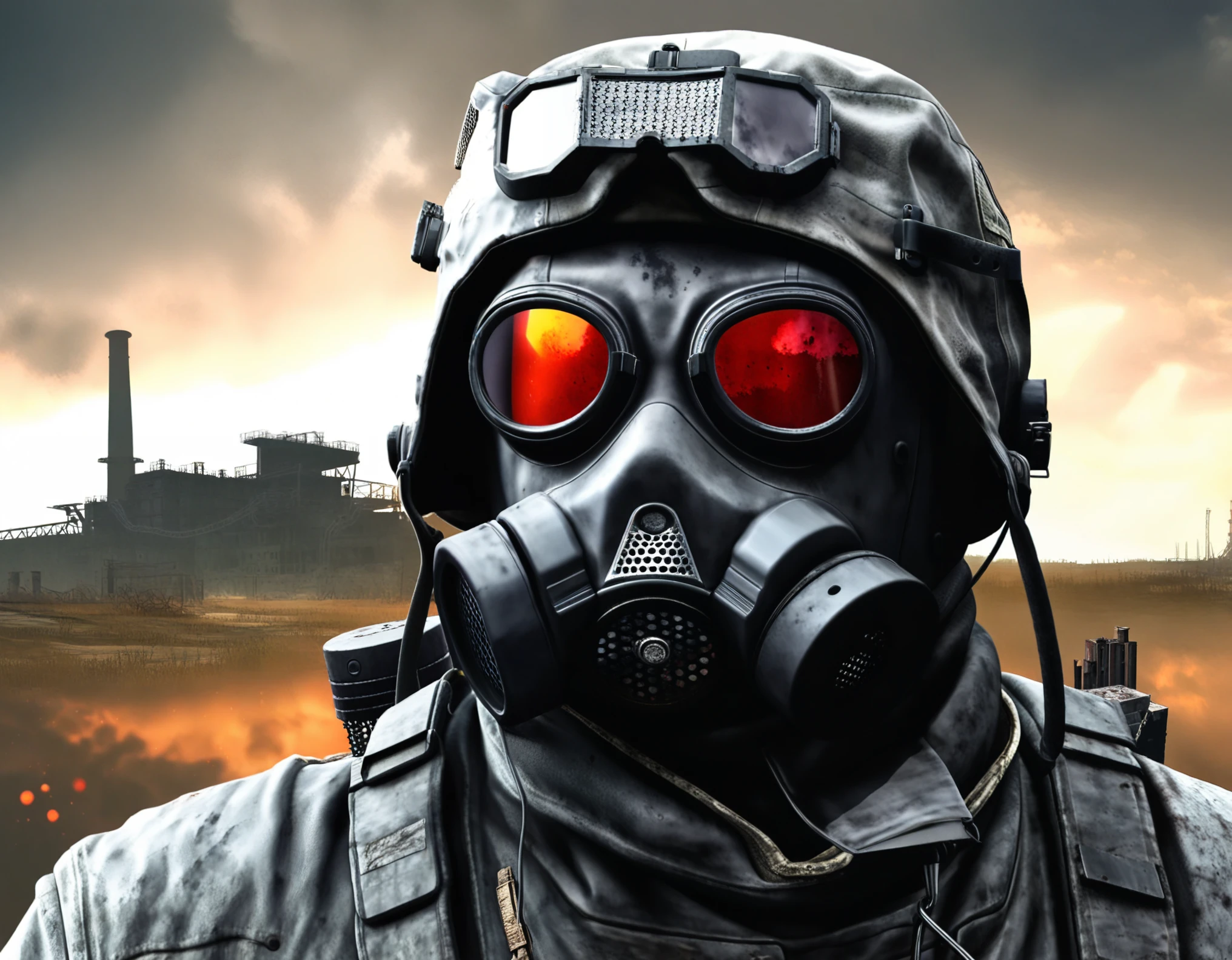 A realistic depiction of the main character from the game S.T.A.L.K.E.R. Shadow of Chernobyl, if he were in real life and these events took place in reality. The setting is a post-apocalyptic Chernobyl near the fourth power unit of the Chernobyl Nuclear Power Plant. The sky is completely covered with dark gray heavy clouds, and on the horizon, a bright dark scarlet light glows with a dark red-violet flare. The atmosphere is eerie and ominous, portraying the post-apocalyptic world of S.T.A.L.K.E.R. with cinematic processing and high-detail realism. The environment shows a decayed landscape, radioactive zones, and a lone Stalker in full protective gear. The image is highly detailed with texture smoothing, high resolution, and a somber, gritty tone. Make the image as photorealistic as possible