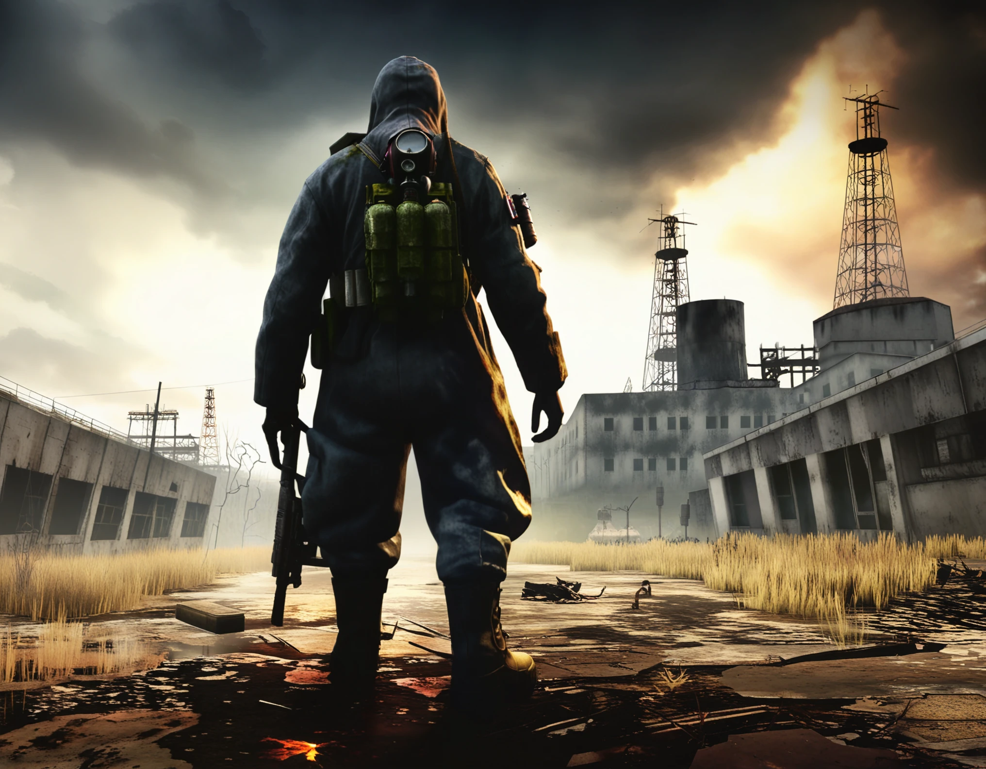 A realistic depiction of the main character from the game S.T.A.L.K.E.R. Shadow of Chernobyl, if he were in real life and these events took place in reality. The setting is a post-apocalyptic Chernobyl near the fourth power unit of the Chernobyl Nuclear Power Plant. The sky is completely covered with dark gray heavy clouds, and on the horizon, a bright dark scarlet light glows with a dark red-violet flare. The atmosphere is eerie and ominous, portraying the post-apocalyptic world of S.T.A.L.K.E.R. with cinematic processing and high-detail realism. The environment shows a decayed landscape, radioactive zones, and a lone Stalker in full protective gear. The image is highly detailed with texture smoothing, high resolution, and a somber, gritty tone. Make the image as photorealistic as possible