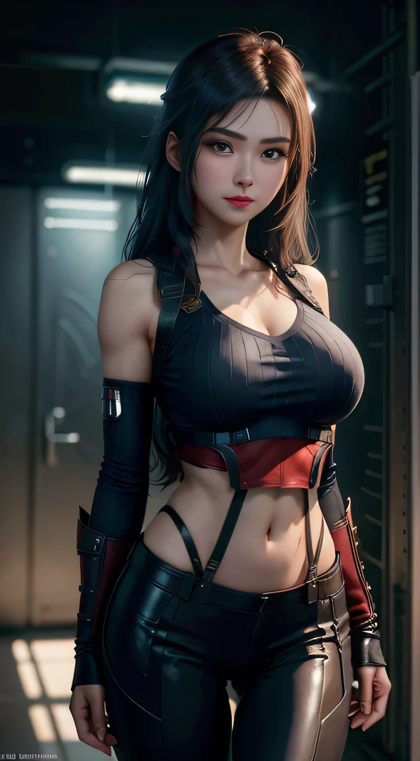 Unreal Engine 5 Realistic Render, (masterpiece, best quality), intricate details, ((Best quality)), ((masterpiece)), ((realistic)), (hyperrealism:1.2), (fractal art:1.2), 
1girl, tifa lockhart original costume, white crop top, arm guards, fingerless gloves, suspenders, pleated miniskirt, black thighhighs, red boots 
extreme detailed eyes, colorful, highest detailed, 
vibrant colors, high contrast,
(8K UHD:1.2), (photorealistic:1.2), beautiful face, top body is hyperrealistic thicc muscle and hyper largest_breasts!! with the type of boobs_melons, lower is huge buttocks, wet shiny body