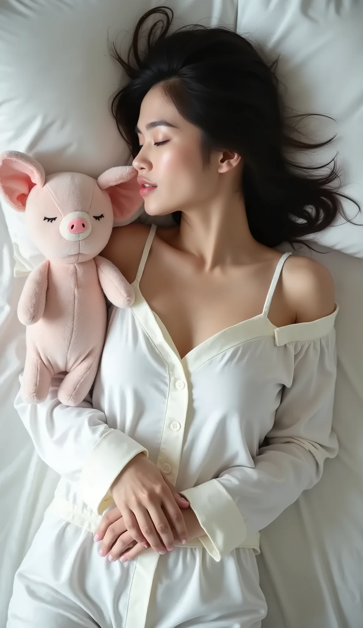 A Japanese girl with a cute face like an 18-year-old idol　Smiling Kindly　pajamas　Full body portrait　Cleavage　Lying in bed　Sleeping in bed with a cute miniature dachshund,RAW Photos　Genuine　Indistinguishable from live-action　Raw photo