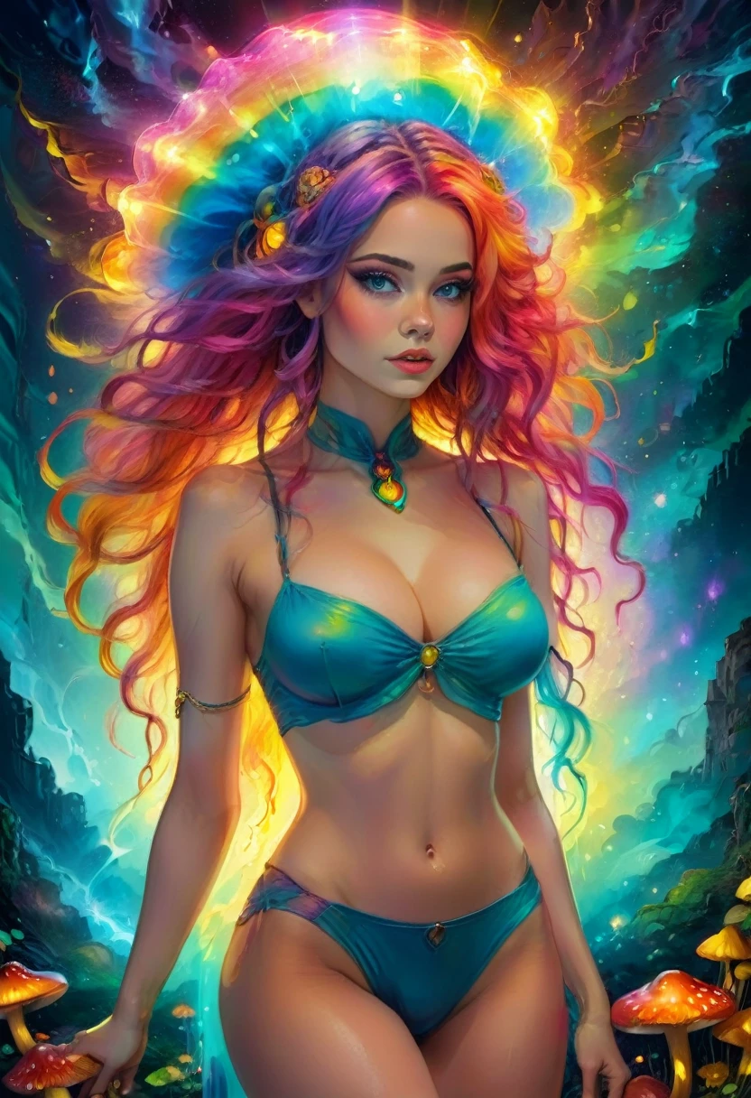 Pretty Brazilian  girl with bright eyes, long flowing hair, bright red hair, photorealistic, 4K, light coloured eyes, extremely detailed eyes and lips, heeled leather boots, fantasy wizard, cute face, beautiful eyes, long eyelashes, (flat chest, makeup, pink lips, skinny), ((magical multicoloured blanket wrapped around body, open chest)), fantasy background, magic valley with a glowing lake, at midnight, dark night sky with swirling stars, swirling luminescent galaxies, (hero stance:1.3, intense expression:1.3, big bright blue eyes:1.3), (bright vivid colours:1.4), 