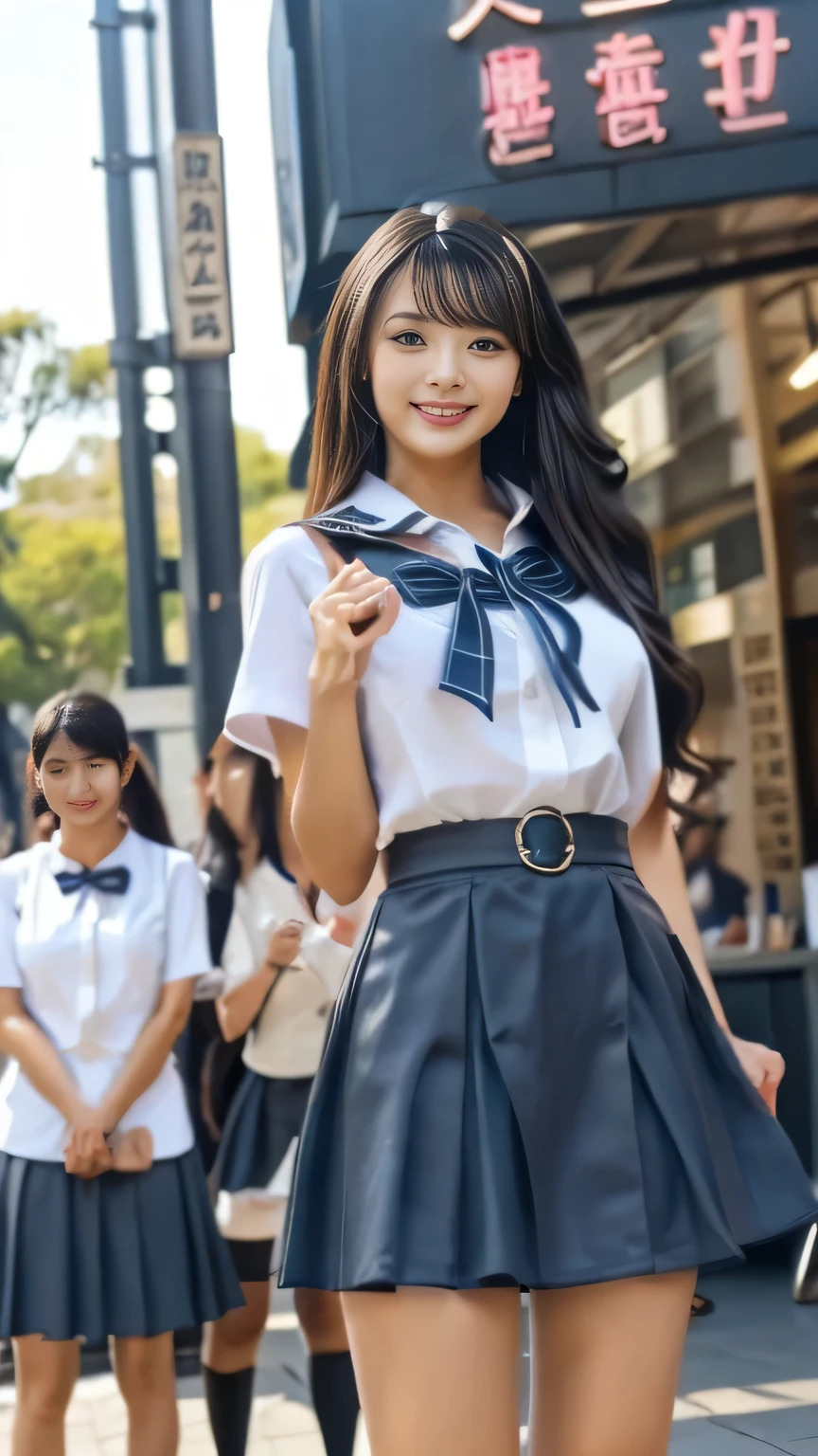 ((Best Quality、8k、masterpiece:1.3)), Upper Body, Long legs, Sharp focus:1.2, Beautiful woman with a perfect figure:1.4, ((Beautiful woman))、((Australian/Japanese mix))、Thin but muscular、Slim Abs:1.1,, ((Big Breasts)), ((big ass))、((High school girl))., ((Dark blue mini skirt))、((Cute high school girl uniform))、((smile))、((Stylish uniforms))、Enchanting , Wearing a gold necklace、Slim and toned waist, Face the audience:1.2), ((Stylish nails))、Super long brown hair、Highly detailed face and skin texture, fine grain, double eyelid、sexy、((((front))))、((Town))、((Downtown)、(())、