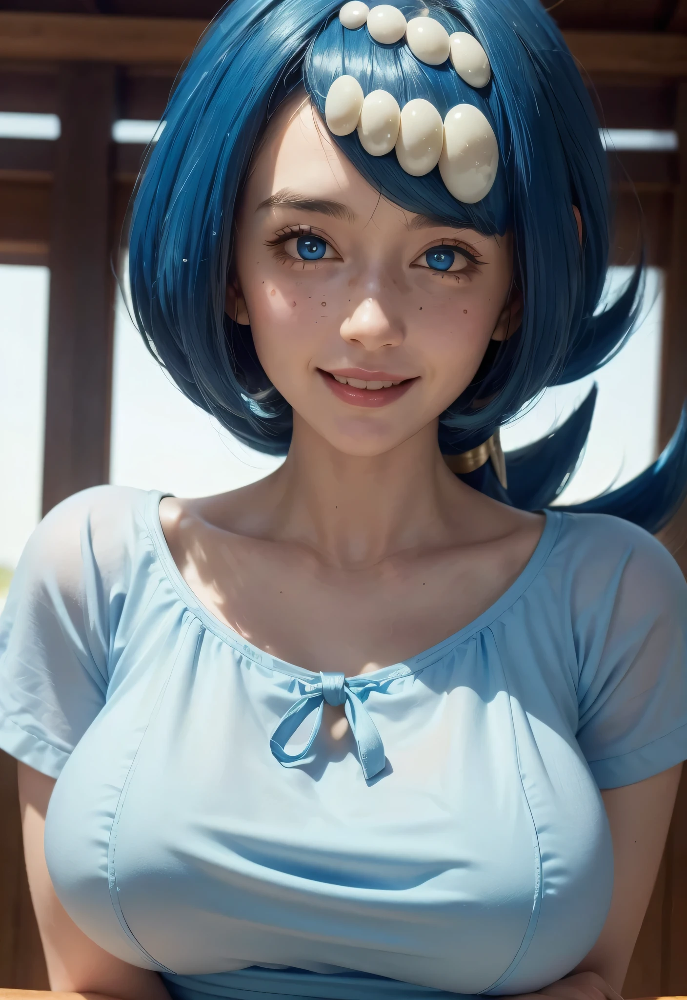 (best quality), (masterpiece), detailed, depth of field, perfect lighting, 1girl, mature female, blue eyes, blue hair, low ponytail, hair ornament, (best quality), (masterpiece), detailed, depth of field, short sleeves, white shirt, blue skirt, blue hair, upper body, freckles, huge breasts, smile