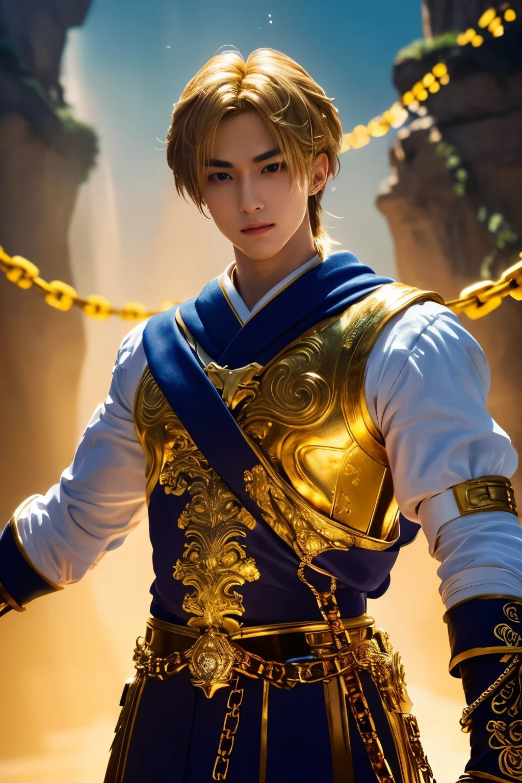 1boy, masterpiece, realistic, absurdres, best quality, high resolution, Kurapika, japanese boy, very handsome, perfect face, cute face, intricate detail, clear and beautiful detailed eyes, golden hair, shiny hair, blue tabard, white shirt, gold trim, holdig a chain, chains flying, slim muscular, handsome muscle, detailed skin, perfect hand, good anatomy, looking at camera, action scene, dynamic pose, fantasy, night, tree, Moonlight at night, wilderness, flowers, skynight, studio lighting, soft light, upper body portrait, front view, Professional photography, 8K UHD,