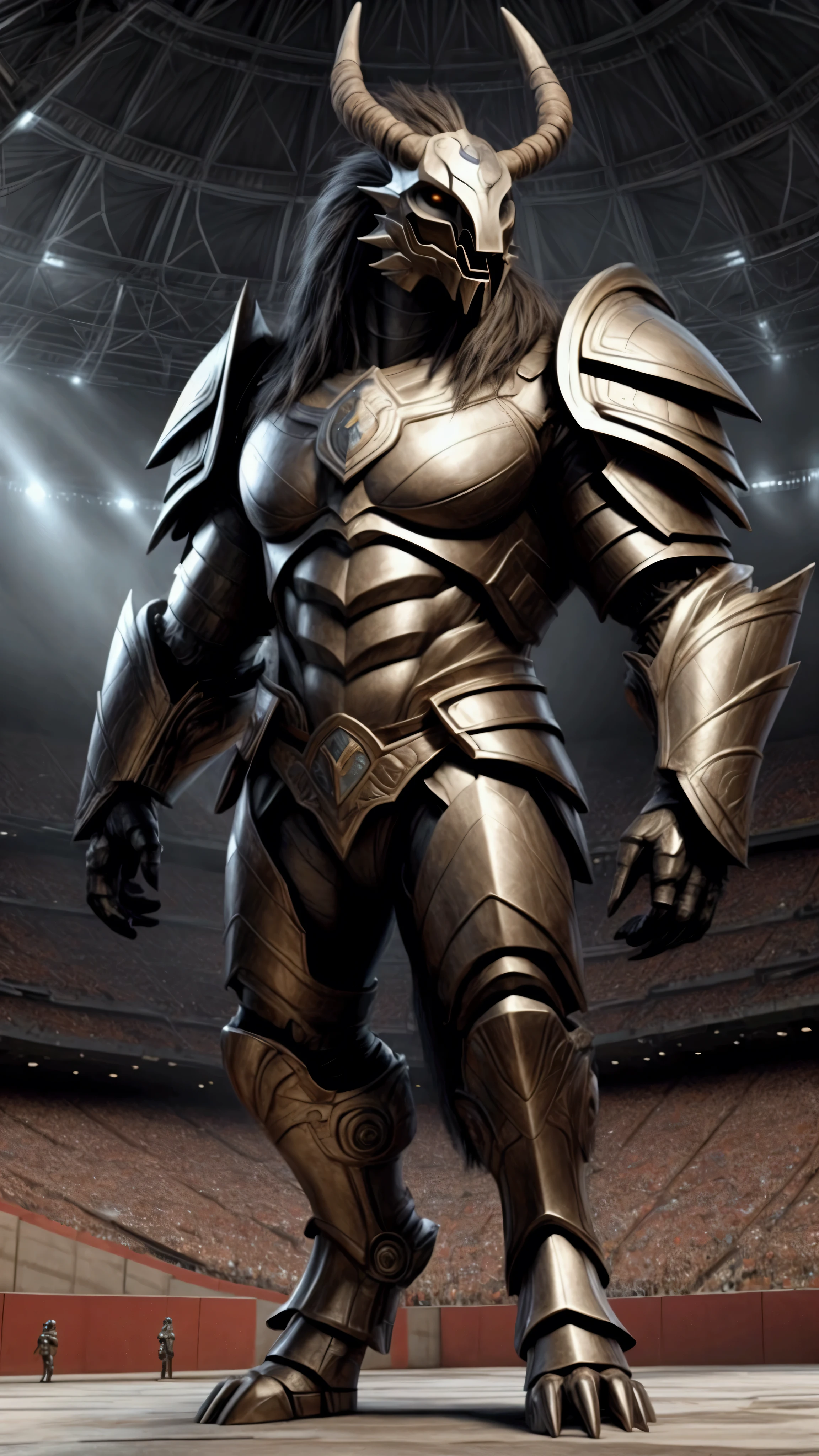Powerful muscular devil gladiator, It has a silver bull-headed helmet,Wear briefs