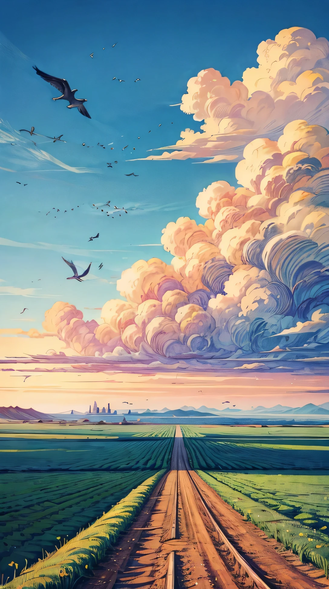 (landscape), A flat plain stretching towards the horizon, with a small flock of birds flying high in the sky above.