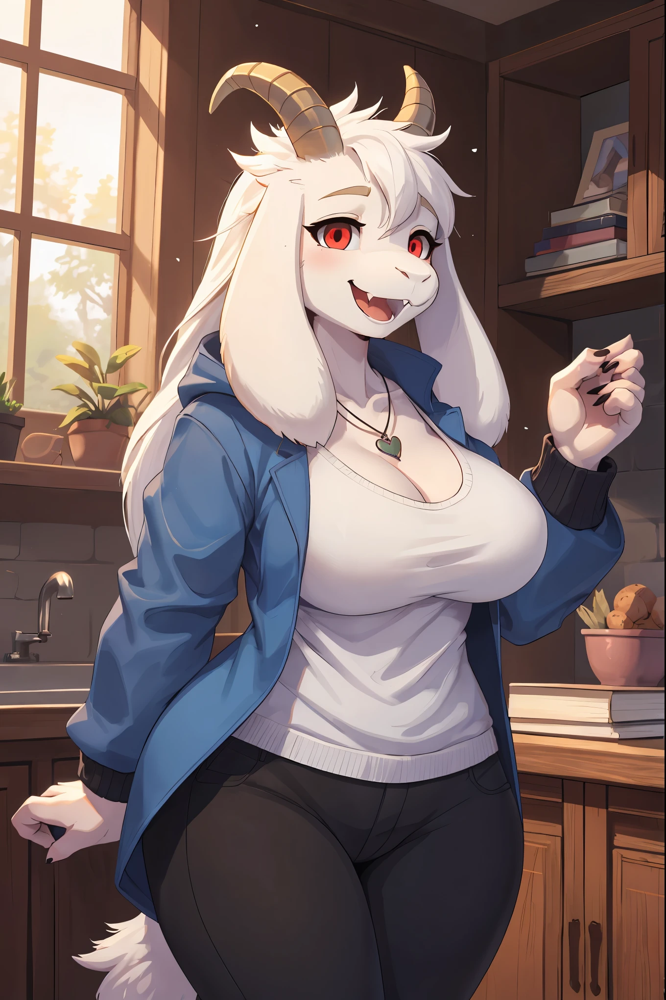 woman,  adult, smiling, beautiful smile, open mouth, showing fangs, alone, in a house, hairy, goat, anthropomorphic goat, Asriel, Undertale ((Asriel Dreemurr)), big breasts, big, big ass, wide hips, perfect female body, tall, ((long hair, long white hair, straight hair)), red eyes, pupils (slit shape), anthropomorphic face, cartoon, Eskimo coat ((blue coat, no drawing, Eskimo coat)) , metacarpal paw, black blouse ((white heart in the middle, black pants)), wears a golden heart pendant, goat's tail, short horns, white horns ((droopy ears, big ears)), goat's paw, anthropomorphic paw, specific, better quality, better detailing, details and quality.