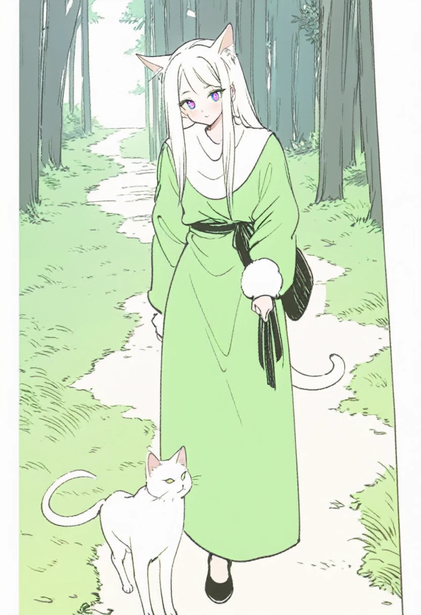 witch with a white cat, colorful eyes , wearing a green robe, walking on a path