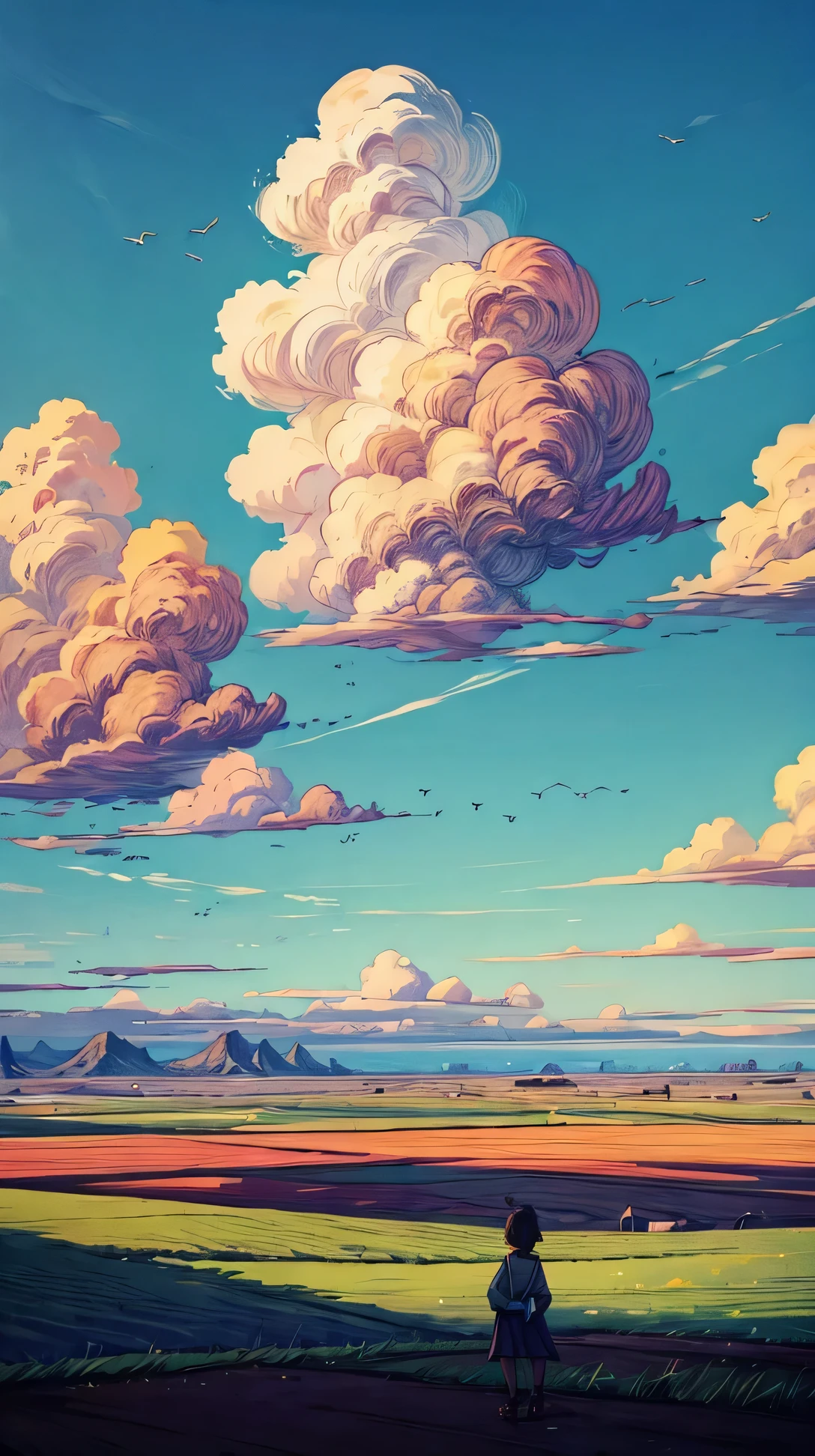 (landscape), A flat plain stretching towards the horizon, with a small flock of birds flying high in the sky above.