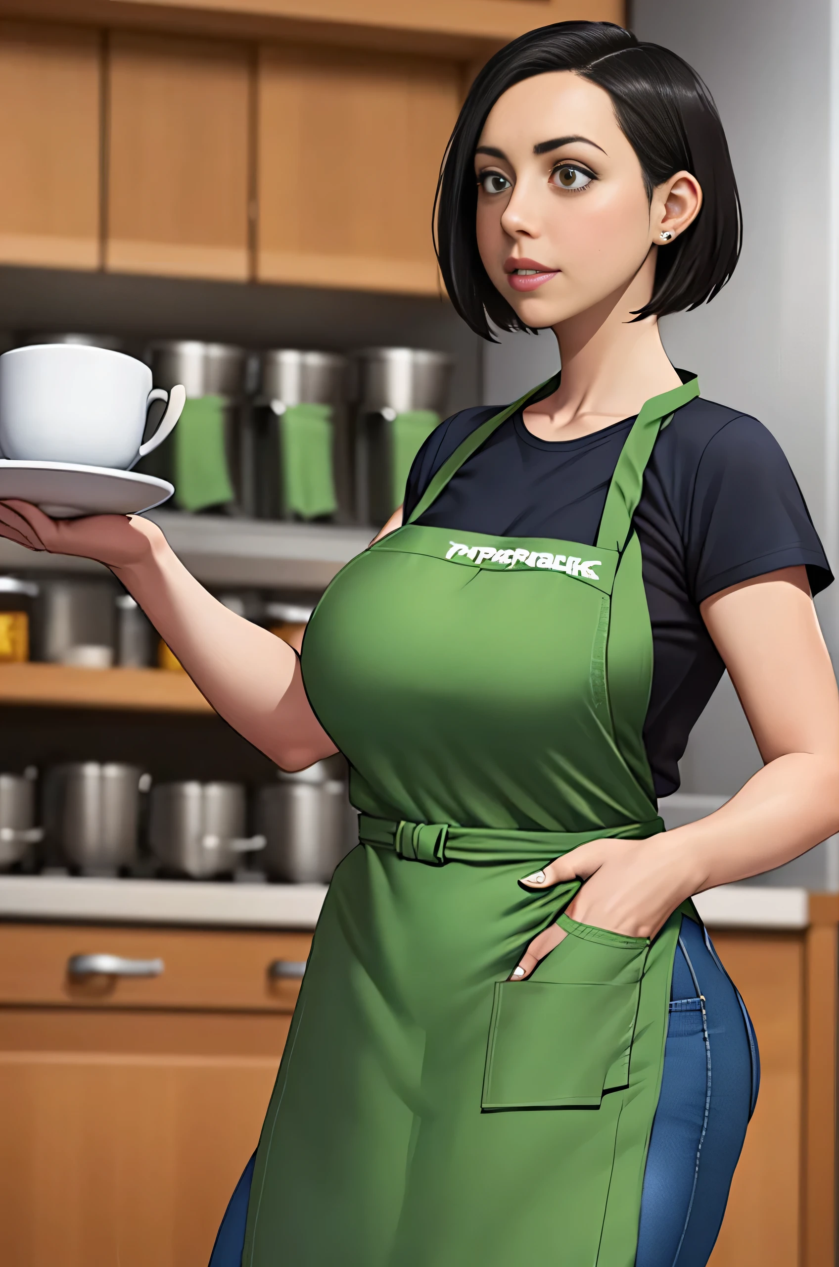 Aubrey Plaza, (Aubrey Plaza:1.5), masterpiece quality, (masterpiece quality:1.3), detailed, realistic, (realistic:1.3), 1girl, solo, (solo:1.9), alone, in a Starbucks coffee shop, coffee in background, wearing a Starbucks uniform, (Starbucks uniform:1.5), wearing a black t-shirt, (black t-shirt:1.5), wearing a green apron, (green apron:1.9), wearing blue jeans, (blue jeans:1.5), black hair, short hair, big breasts, (big breasts:1.5), chubby body, (chubby body:1.5), 