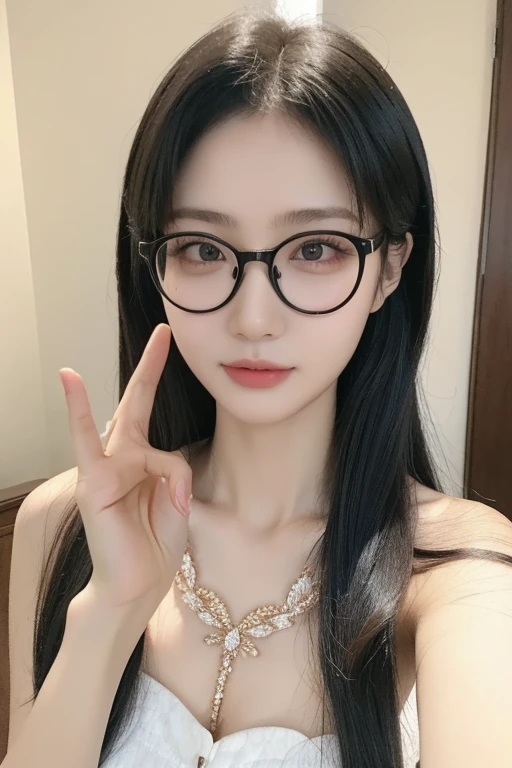 Best Quality、masterpiece、High sensitivity、High resolution、Detailed Description、Delicate facial depiction、Slender woman、Glasses、Semi-long、Calm expression、Peace sign、