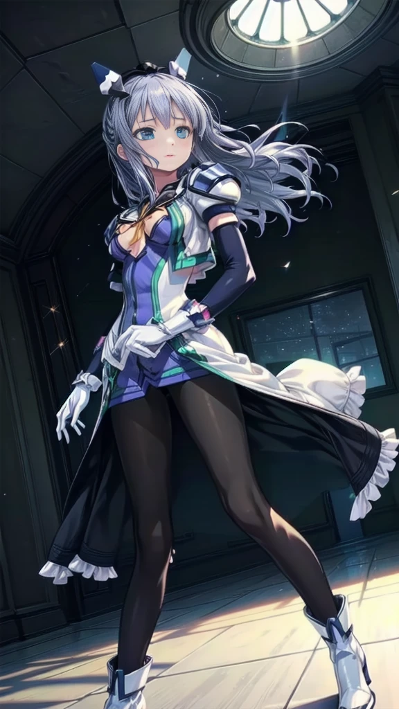 Highest quality,symphony_sugar,Light blue hair,Dark blue eyes,hair ornaments,Long Hair,White Long_gloves,light blue short dress,Black Pantyhose,High heels, ,Show me your boots,gloves,elegant, 1 person, cute, Blushed, Looking at the audience, From below, prison,Beautiful Eyes, Beautiful background, Particles of light, Light of the sun, Dramatic lighting, outside, Shiny, Realistic, Highest quality, Very detailed, Get used to it, scenery, Beautiful and detailed, Thin Hair,Full Body Shot,