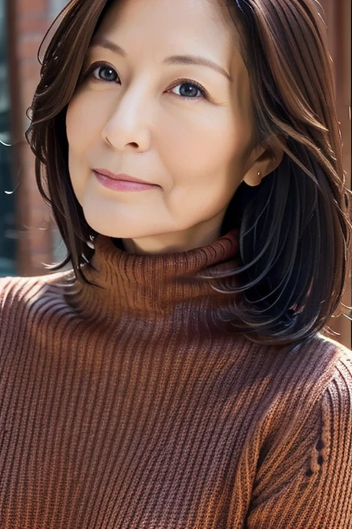 (High reality photograph, high resolusion, detailed face, detailed eyes) Skinny Japanese lady, 40 years old, cute face, solo:1, lovely body, skinny figure, small breasts, thin chests, emphasizing very skinny waist, a turtleneck sweater, waist-up photo