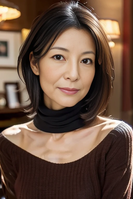 (High reality photograph, high resolusion, detailed face, detailed eyes) Skinny Japanese lady, 40 years old, cute face, solo:1, lovely body, skinny figure, small breasts, thin chests, emphasizing very skinny waist, a turtleneck sweater, waist-up photo