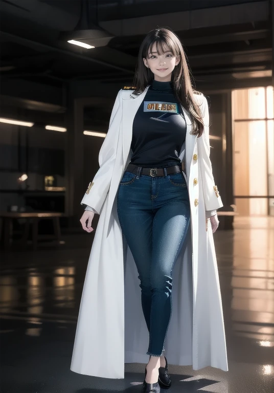 Full Body Shot、Natorp portrait of a beautiful female model., Georgia Fowler, Beautiful Face, Long burgundy hair, Dusk in a cyberpunk city. She is wearing a white long coat., Jeans Negros, Dramatic lighting, (Police Badge:1.2)