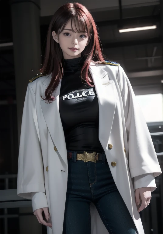 Full Body Shot、Red Hair、Natorp portrait of a beautiful female model., Georgia Fowler, Beautiful Face, Long burgundy hair, Dusk in a cyberpunk city. She is wearing a white long coat., Jeans Negros, Dramatic lighting, (Police Badge:1.2)