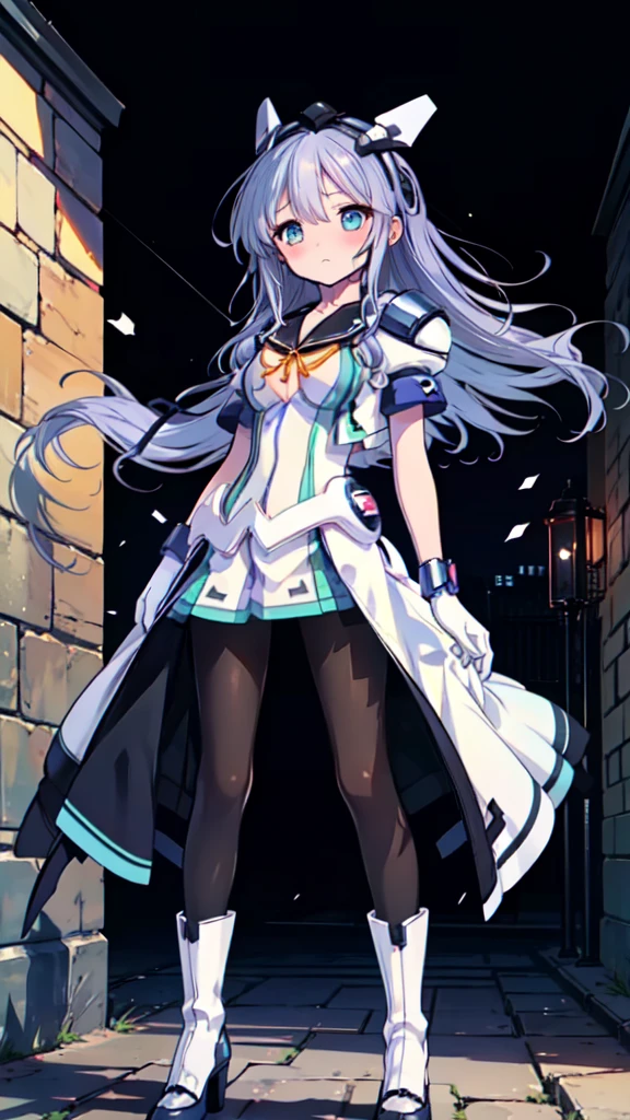 Please redeem，symphony_sugar,Light blue hair,Dark blue eyes,Hair Accessories,Long Hair,White long_gloves,light blue short dress,Black Pantyhose,High heels, ,Show me your boots，gloves，elegant, 1 girl, cute, Blushed, Looking at the audience, From below, prison，Beautiful Eyes, Beautiful background, Particles of light, Sunshine, Dramatic lighting, Outside, Shiny, Realistic, Please redeem, Very detailed, Get used to it, landscape, Beautiful and detailed, Thin Hair，Full Body Shot，((Cowboy Shot,Dynamic Angle))