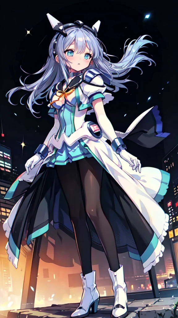 Please redeem，symphony_sugar,Light blue hair,Dark blue eyes,Hair Accessories,Long Hair,White long_gloves,light blue short dress,Black Pantyhose,High heels, ,Show me your boots，gloves，elegant, 1 girl, cute, Blushed, Looking at the audience, From below, prison，Beautiful Eyes, Beautiful background, Particles of light, Sunshine, Dramatic lighting, Outside, Shiny, Realistic, Please redeem, Very detailed, Get used to it, landscape, Beautiful and detailed, Thin Hair，Full Body Shot，((Cowboy Shot,Dynamic Angle))