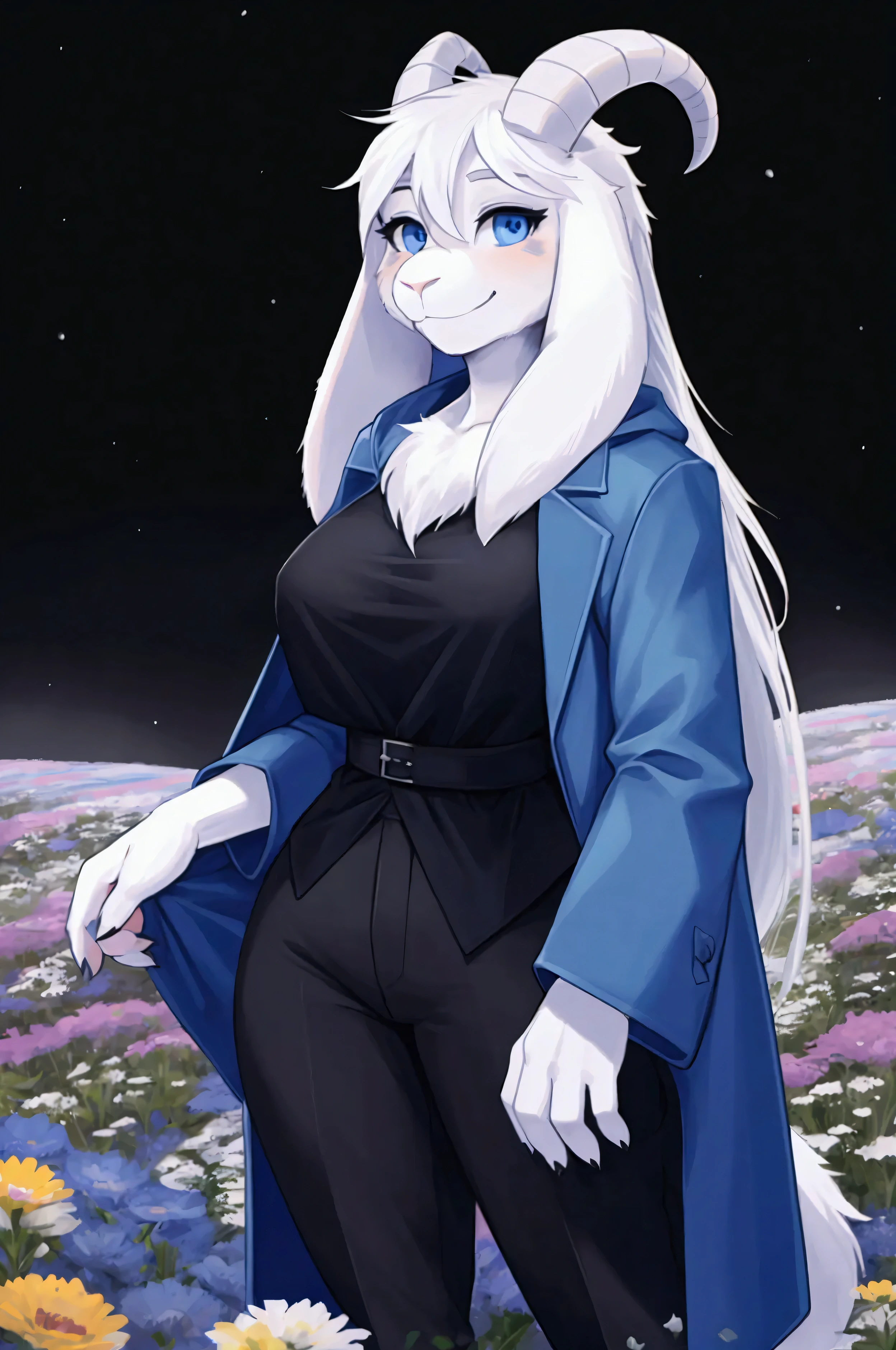 woman, adult, alone, in a field of flowers, furry, goat, anthropomorphic goat, Asriel, Undertale ((Asriel Dreemurr)), big breasts, big ass, wide hips, perfect female body, tall, ((long hair, long white hair, straight hair )), blue eyes, anthropomorphic face, cartoon, smile, blue Eskimo coat ((blue coat, no drawing, blue Eskimo coat)), metacarpal paw, black blouse ((black blouse, pants black)), goat's tail, short horns, white horns ((drop ears, big ears)), goat's paw, anthropo paw, detailed, best quality, best detail, details and quality