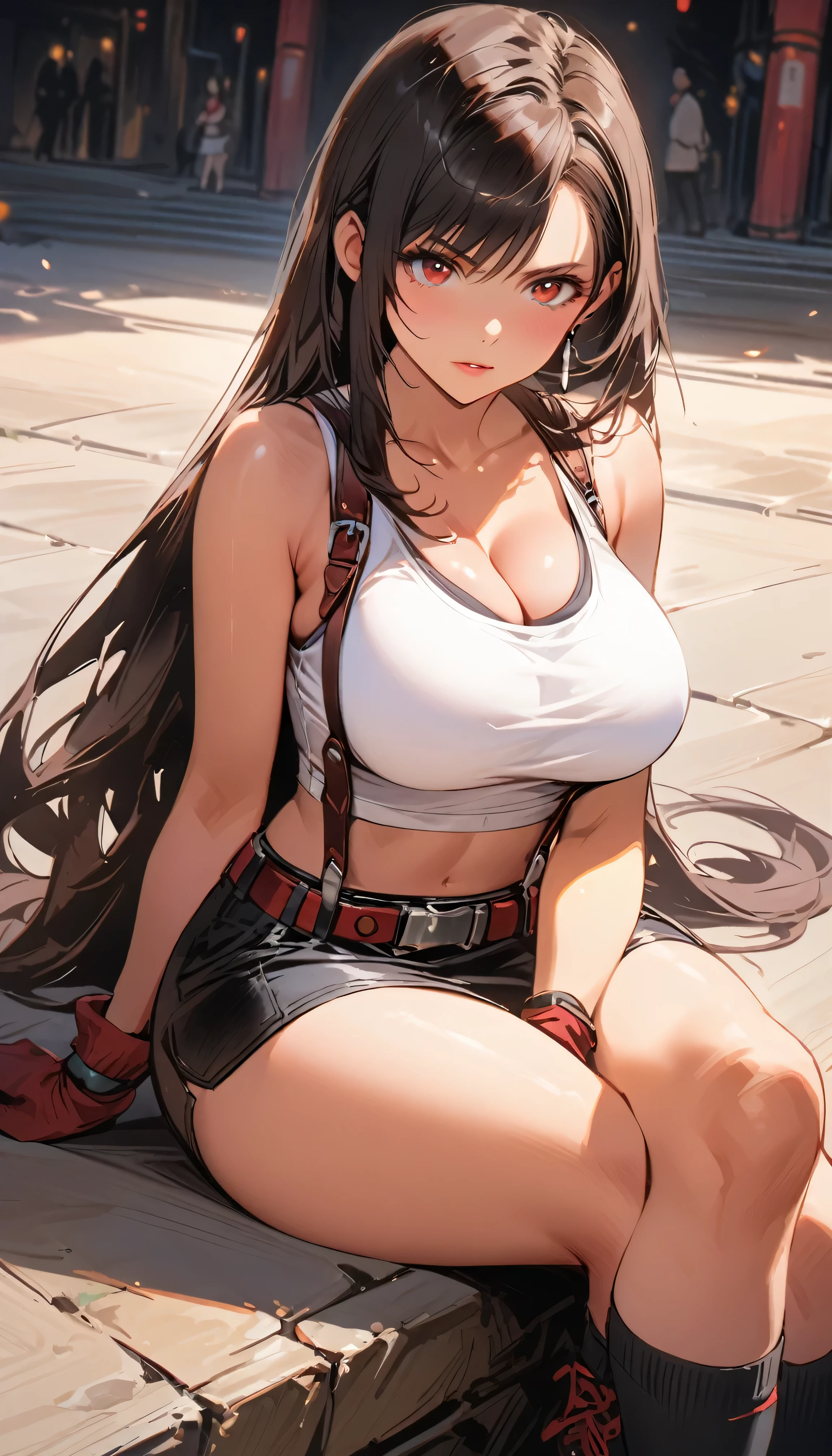 (masterpiece, best quality, cinematic, photorealistic, ultra-detailed), 1girl, sexy body, (Tifa Lockhart), (wide shot, from the front:1.5), perfect hands, wide hips, (bursting breasts, large cleavage:1.3), round ass, (Tifa has very dark hair, varying brown to black, which typically falls on her back and is tied at the tips to form a dolphin-tail split), (Tifa wears a white tank top and black miniskirt with a belt and suspenders:1.5), (dons red and black gloves that extend to her elbows, red boots, black socks, and a metal guard on her left elbow.:1.2), (seductive pose, sitting crossed-legs:1.4), (detailed eyes, detailed pupil)