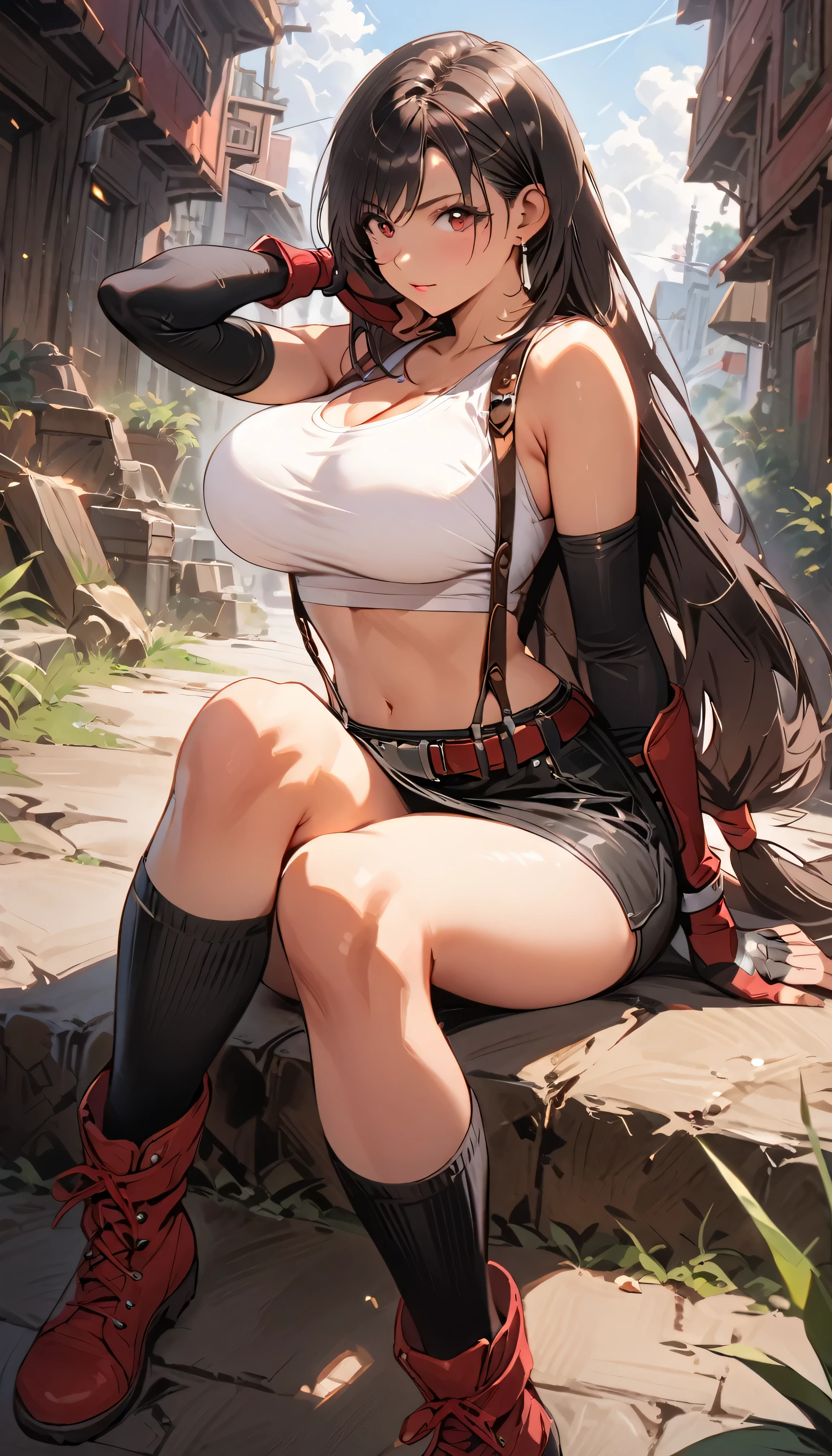 (masterpiece, best quality, cinematic, photorealistic, ultra-detailed), 1girl, sexy body, (Tifa Lockhart), (wide shot, from the front:1.5), perfect hands, wide hips, (bursting breasts, large cleavage:1.3), round ass, (Tifa has very dark hair, varying brown to black, which typically falls on her back and is tied at the tips to form a dolphin-tail split), (Tifa wears a white tank top and black miniskirt with a belt and suspenders:1.5), (dons red and black gloves that extend to her elbows, red boots, black socks, and a metal guard on her left elbow.:1.2), (seductive pose, sitting crossed-legs:1.4), (detailed eyes, detailed pupil)