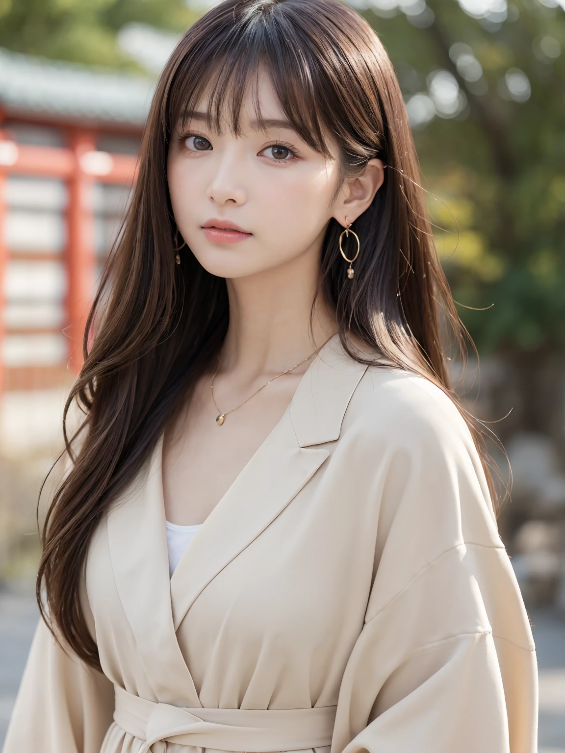 ((Highest quality, 8k, masterpiece:1.3)), concentrate: 1.2, Perfect body beauty: 1.4, Hips: 1.2, ((Long Hair, chest: 1.2)), (Dry clothes: 1.1) , (clear, Simple Background:1.3), Simple clothes: 1.1, Highly detailed face and skin texture,Delicate eyes, double eyelid, Whitened skin, Rough skin、Long Hair、Earrings with bangs、necklace、 solo、Beige coat、White shirt, (((Beautiful girl with cute Japan)))、 ((Beautiful Japanese girl 20 years old))、 ((Baby Face))、 (((Slender body)))、 Upper Body,Face focus、necklace,Simple Background,From above, Realistic Hair、 A photograph was taken:Canon EOS R6、135mm、1/1250 seconds、f2.8、ISO400、(Detailed explanation of the hand)、(Masseter muscle area)、(Exquisite CG)、Long Hair, loose and curly hair、Korean Hair、Long Hair明るいベージュ色、グラデーションハイライトグレージュのゆるふわLong Hairスタイル、