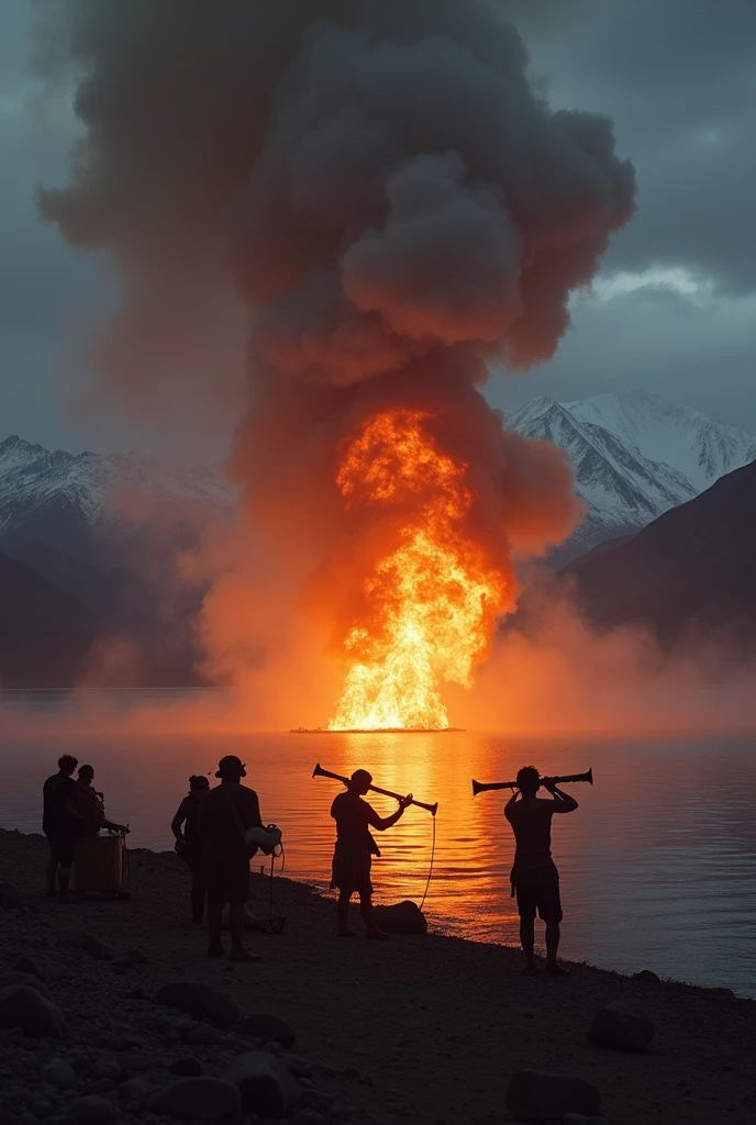 a group of people in front of a volcano, a color photo by Yi Insang