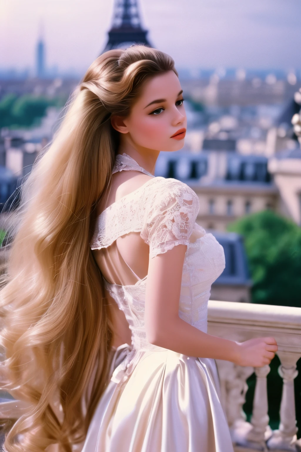 1980 movie still film, paris, High Resolution, 1girl, Solo, Long Hair, pale light skin, highly aesthetic, vintage aesthetic, Romanticism, 