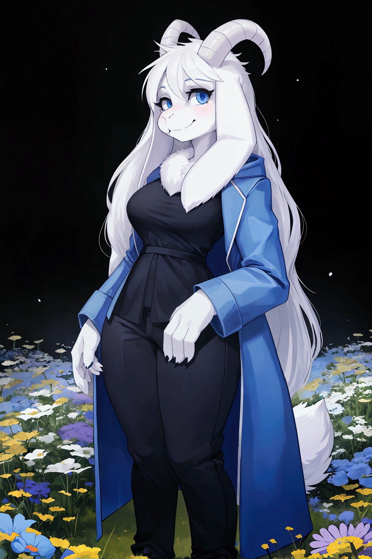 woman, adult, alone, in a field of flowers, furry, goat, anthropomorphic goat, Asriel, Undertale ((Asriel Dreemurr)), big breasts, big ass, wide hips, perfect female body, tall, ((long hair, long white hair, straight hair )), blue eyes, anthropomorphic face, cartoon, smile, blue Eskimo coat ((blue coat, no drawing, blue Eskimo coat)), metacarpal paw, black blouse ((black blouse, pants black)), goat's tail, short horns, white horns ((drop ears, big ears)), goat's paw, anthropo paw, detailed, best quality, best detail, details and quality