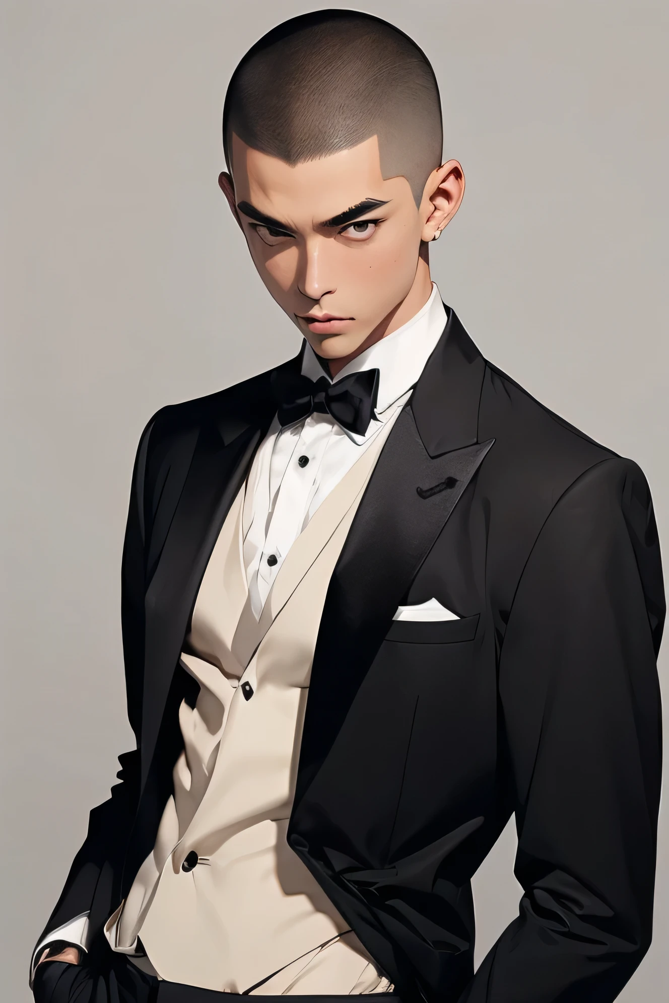 Japanese　　Handsome　Short cut　Shaved head　Black Hair　male　Black Tuxedo　formal　Upper Body　Being thin　Background Universe　Short cut　Shaved head　Men　Naked and flirty　