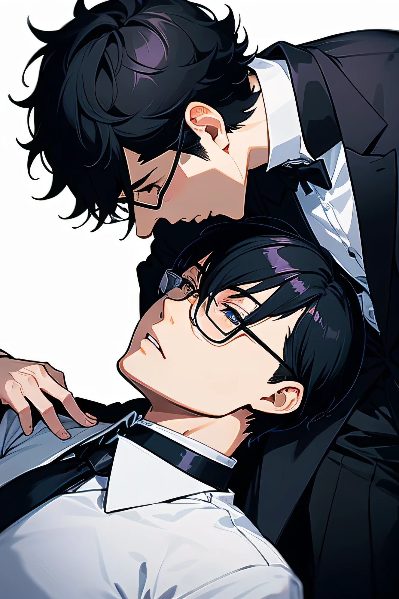 Japanese　　Handsome　Short cut　Shaved head　Black Hair　male　Black Tuxedo　formal　Upper Body　Background Universe　Short cut　Shaved head　Men flirting with each other　Only one person wearing metal frame glasses　Unbutton