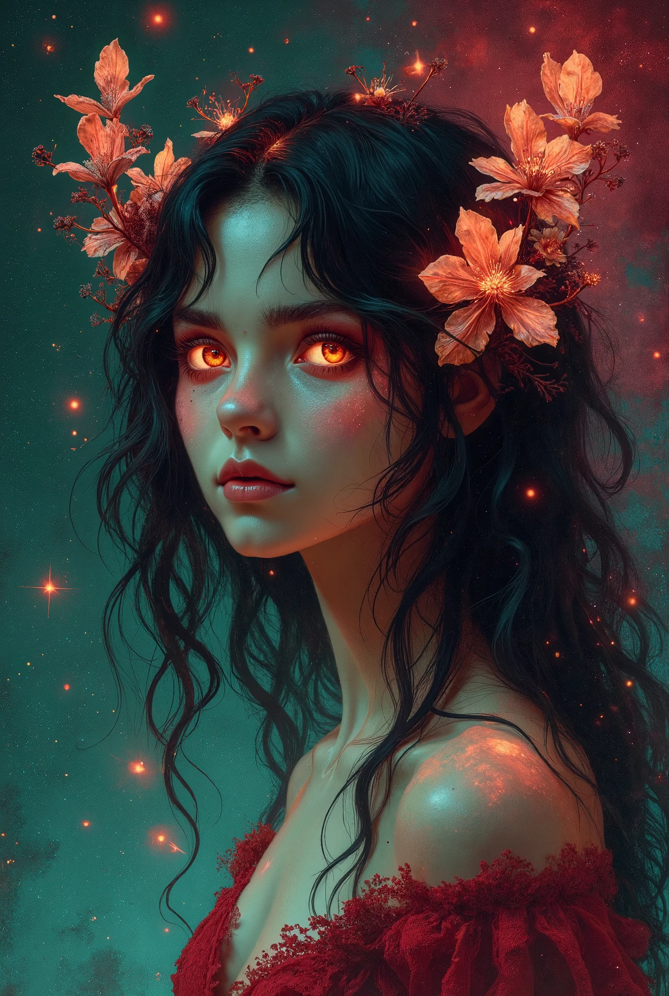 A Succubus with flowers, with only hints of the upcoming Halloween, half body Portrait, Biomimicry, Fantasy Illustration, Bioluminescent, Luminescence, Neon Glow, Prime Lens, Ultra Wide Angle Lens, Burgundy Color, Emerald Color, Teal Color, Ceramic, Liquid Crystal, Adventure, Fantasy, Quasar Quilt Backdrop, By Piet Mondrian