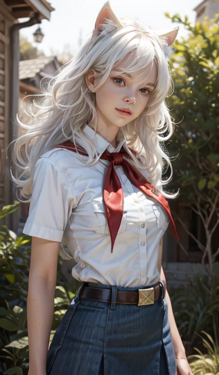 very young slim fit girl, Jennie Garth, full height, rounded face, (long curly disheveled white hair:1.4), big pale blue eyes, shy smile, perfect medium breast, band on head with realistic white cat ears, monroe, pioneer neckerchief, short tight blue pleated skirt, bangs, tight white shirt, short sleeves, collared shirt, belt, red neckerchief, breast pocket, bellybutton, big black NATO watch