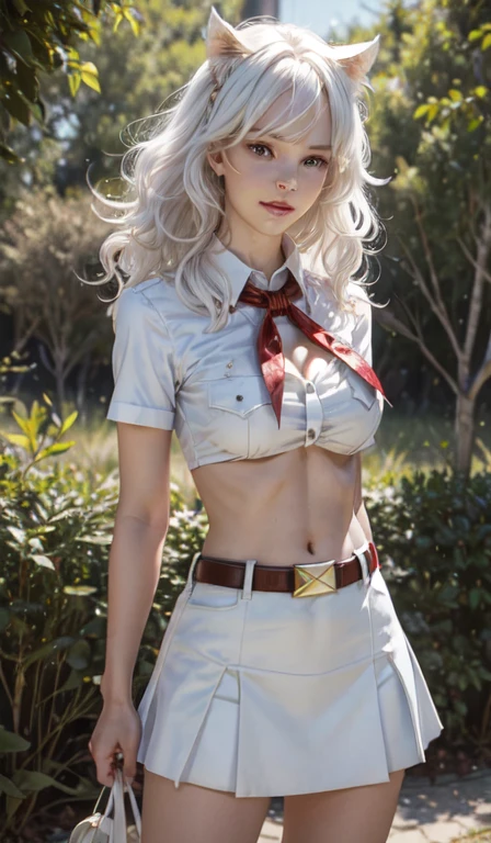 very young slim fit girl, Jennie Garth, full height, rounded face, (long curly disheveled white hair:1.4), underboob cleavage, big pale blue eyes, shy smile, perfect medium breast, band on head with realistic white cat ears, monroe, pioneer neckerchief, short tight blue pleated miniskirt, bangs, tight white shirt, short sleeves, collared shirt, belt, red neckerchief, breast pocket, bellybutton, big black NATO watch