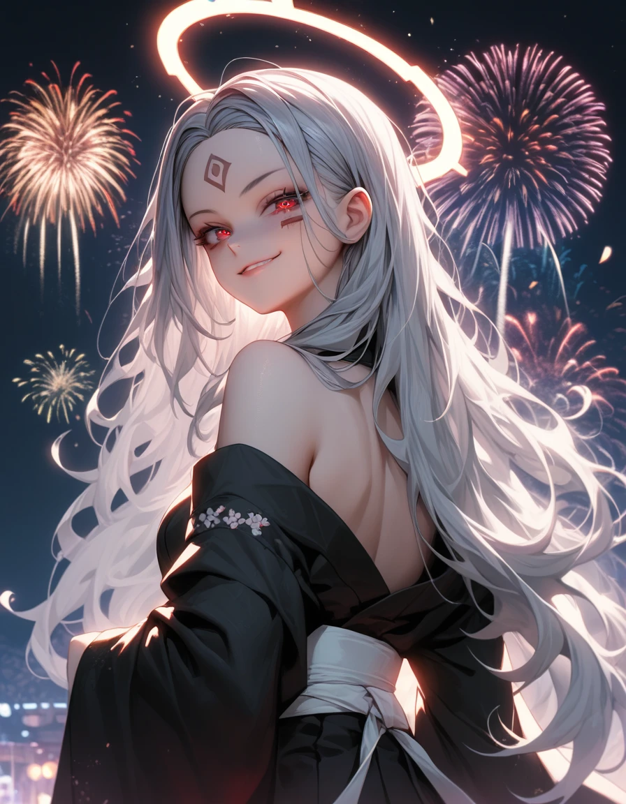 1 man, tall muscular guy, male, delicate face, A joyful individual with disheveled long dark hair and swept-back bangs, donning a stylish grey turltle-neck and thin cardigan, positioned next to a window overlooking a mesmerizing night sky filled with twinkling stars and vibrant bursts of fireworks.ulnerability, staring into the distance, the vista, Monochrome grayscale, view from the back, delicated smile
