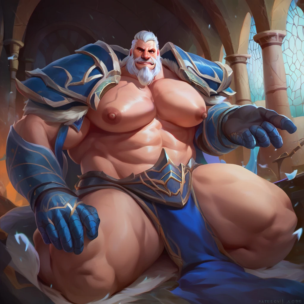 masterpiece, best quality, (extremely detailed unity 8k wallpaper), (best illistration), (best shadown), solo male, musuclar, zoroj, tall, mature male, human, king, bara, world_of_warcraft, big saggy pecs, shiny skin, god_of_war, big muscular arms, long legs, short white beard, short white hair, interior, inside tarven, wearing gowns, super detailed face, handsome face, human